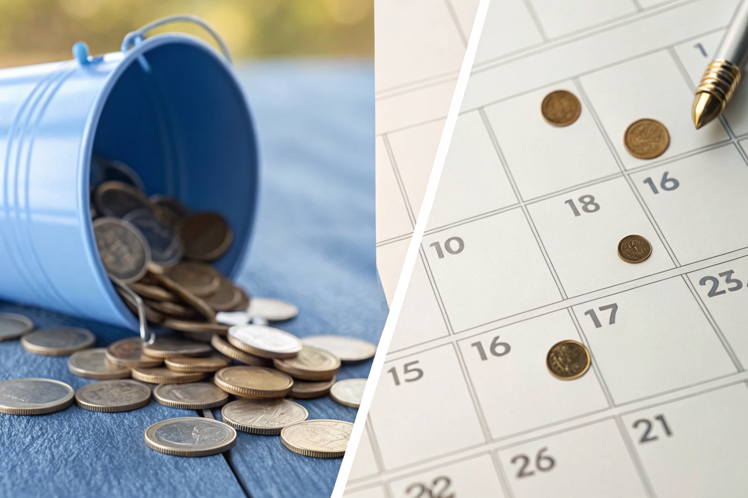 Split-screen showing calendar reset vs coins in a bucket for insurance deductibles.