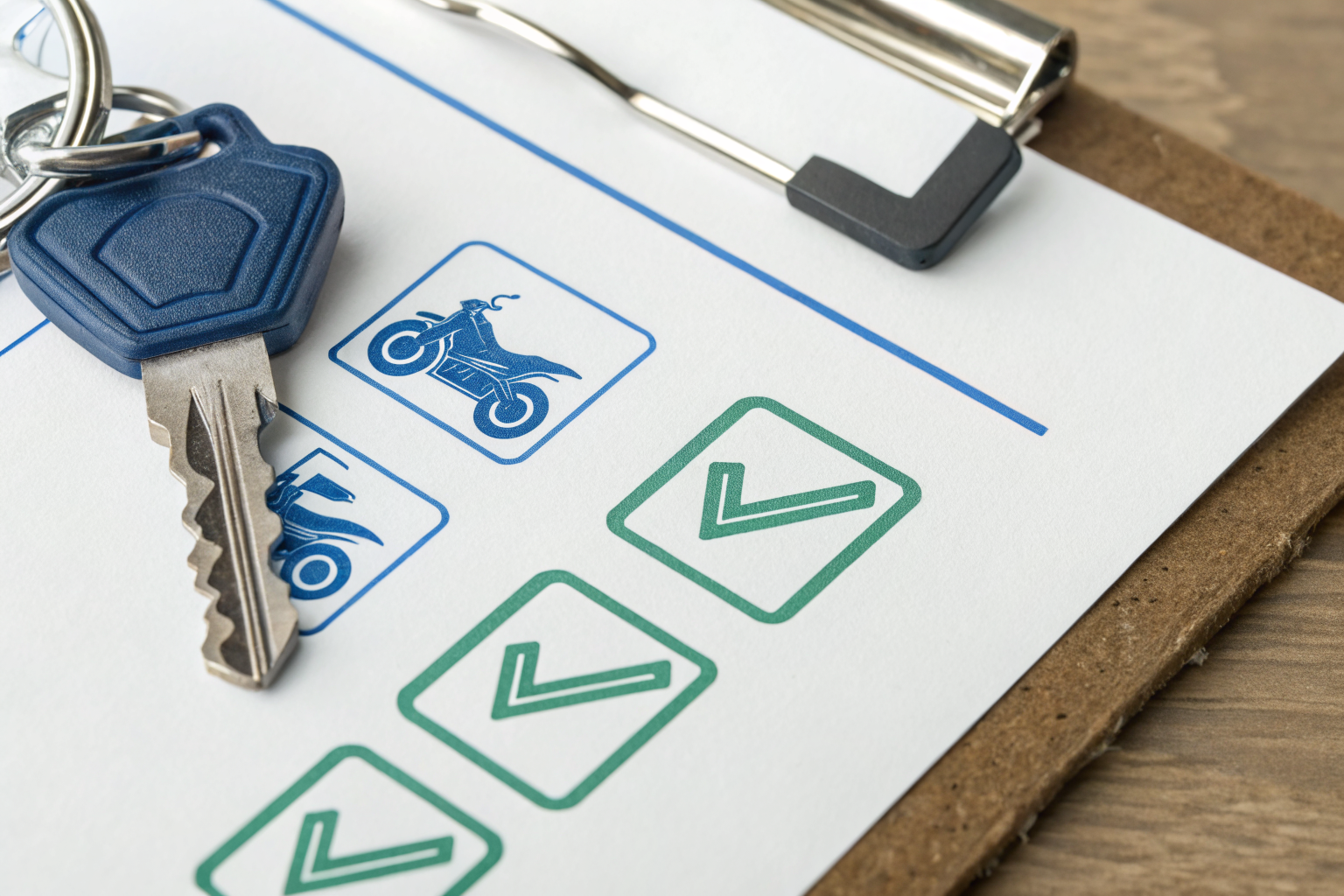 Checklist with a stamp representing steps for motorcycle registration in Arizona, emphasizing liability policy.