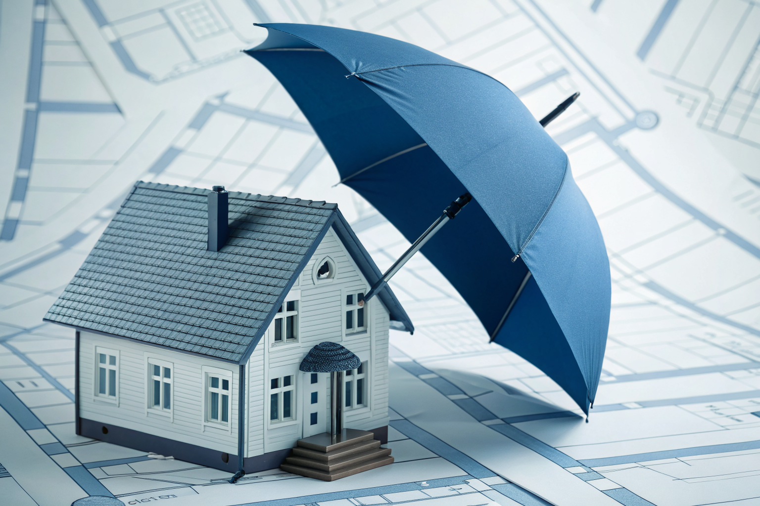 House shielded by umbrella labeled 'Coverage E', with insurance document shapes in the background.