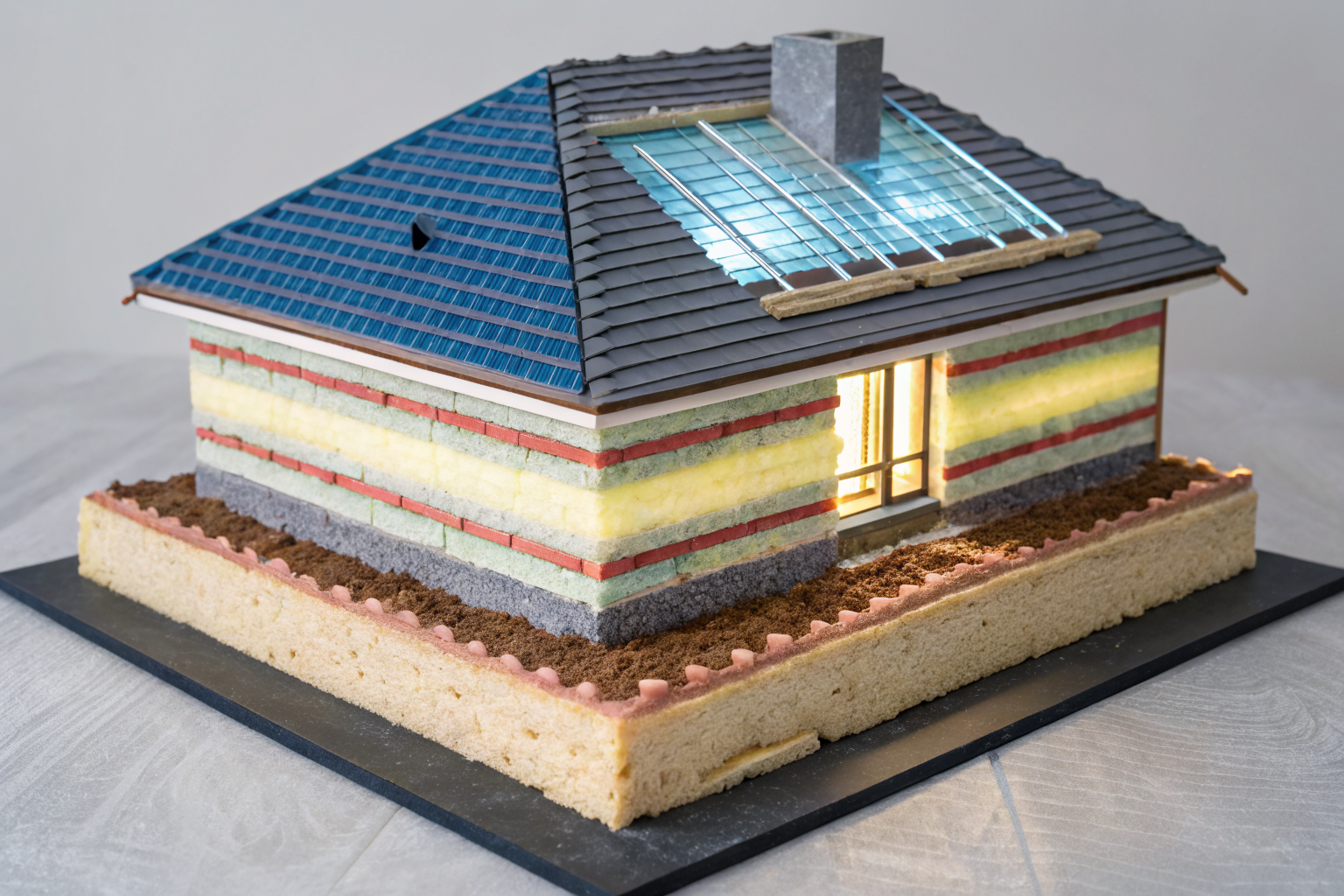 Layered house roof with digital tiles and actuarial graphs.