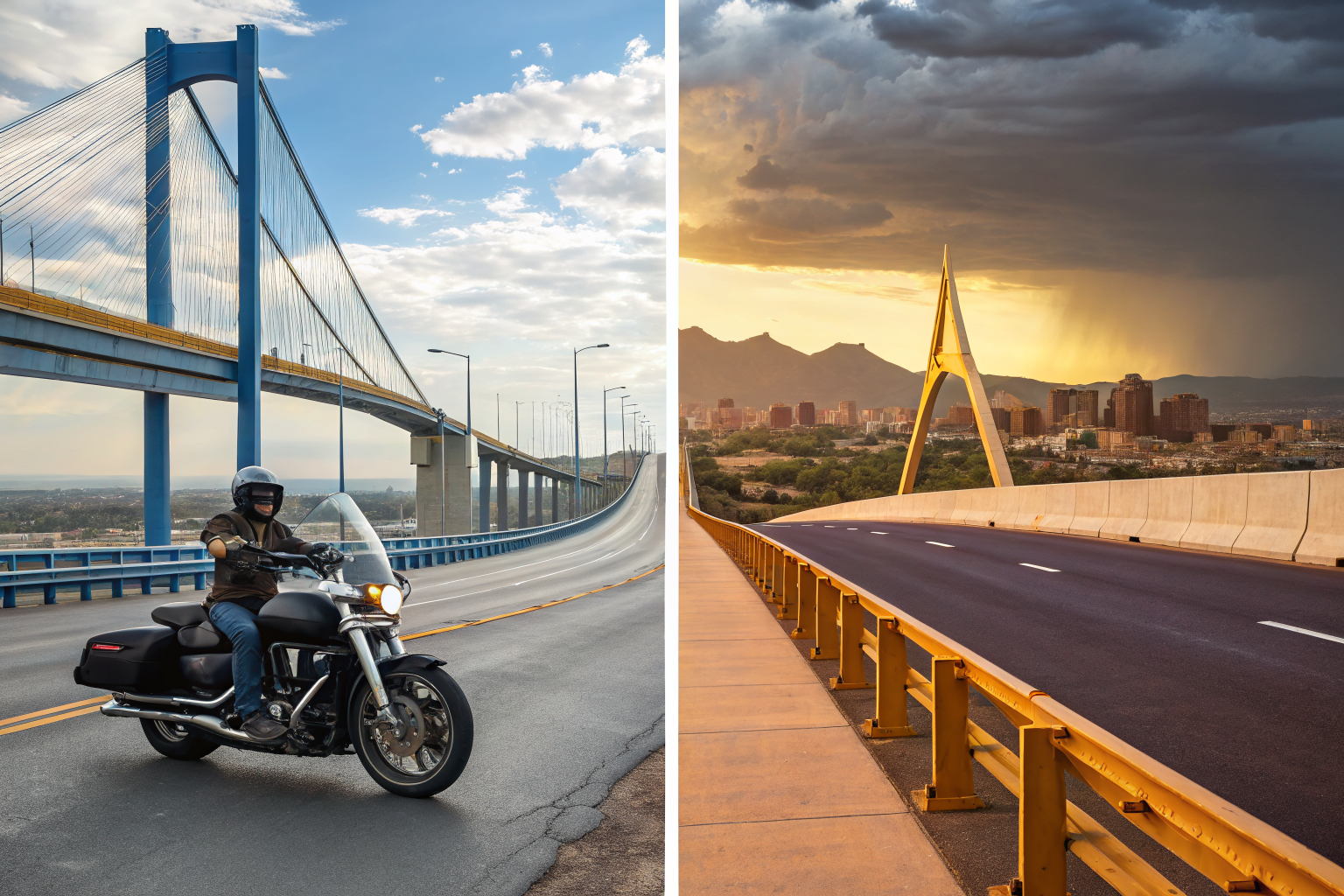 Split-screen of motorcycle on road with bridge over financial responsibility and uninsured risk.