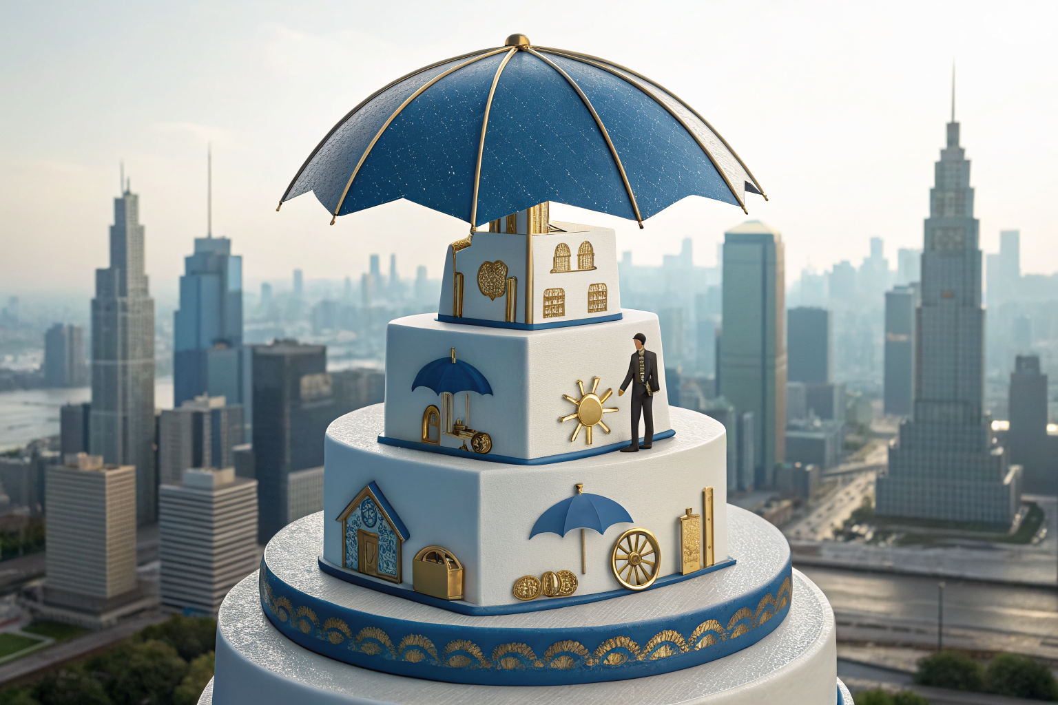 Multi-tiered cake of insurance policy layers with Phoenix in the background.