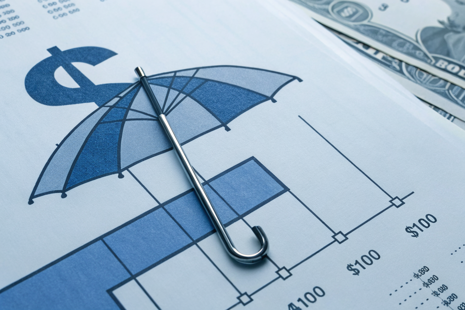 Technical illustration of umbrella policy chart with financial safety net, showing liability limits.