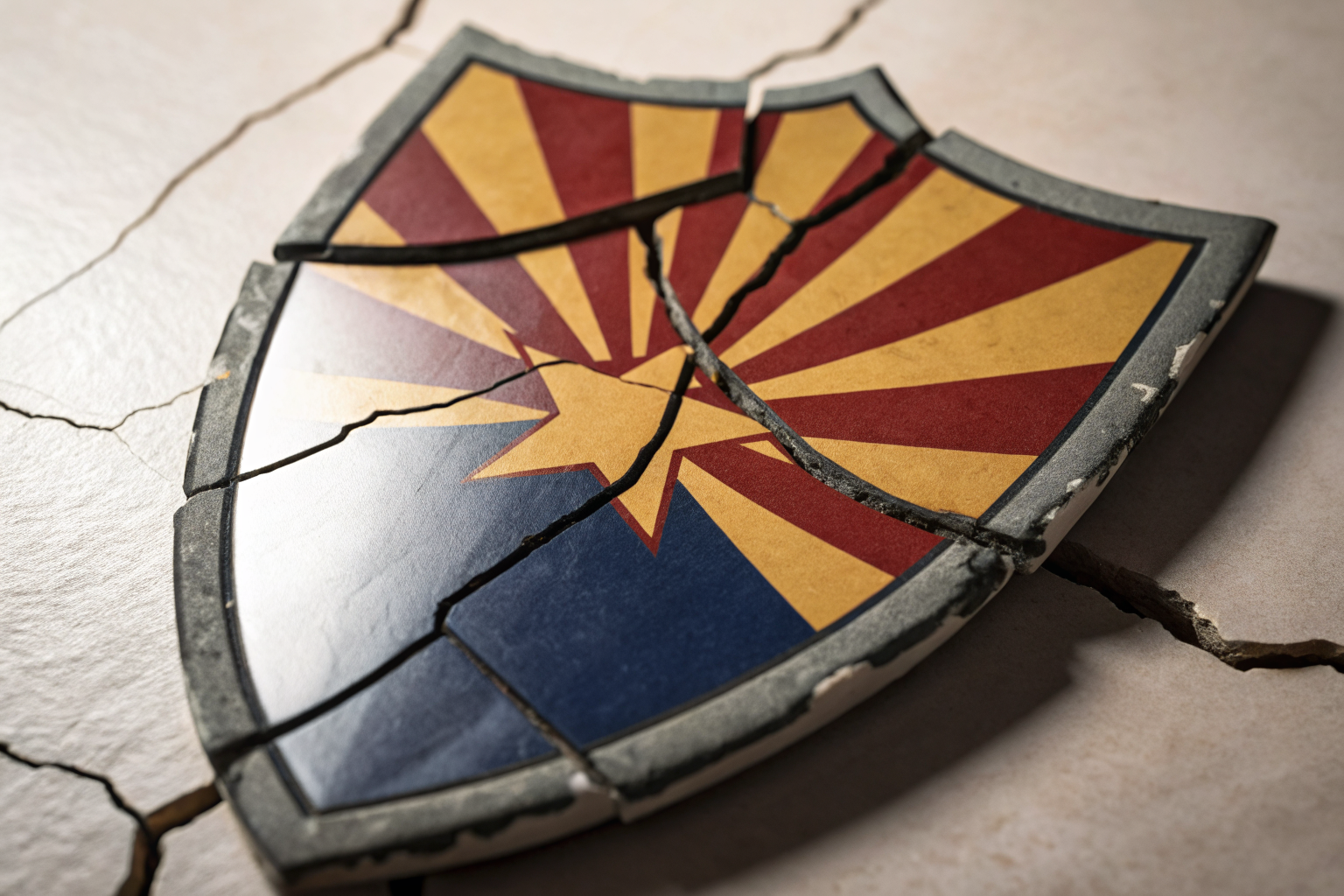 Shield with cracks exposing the gap between minimum coverage and actual costs in Arizona.