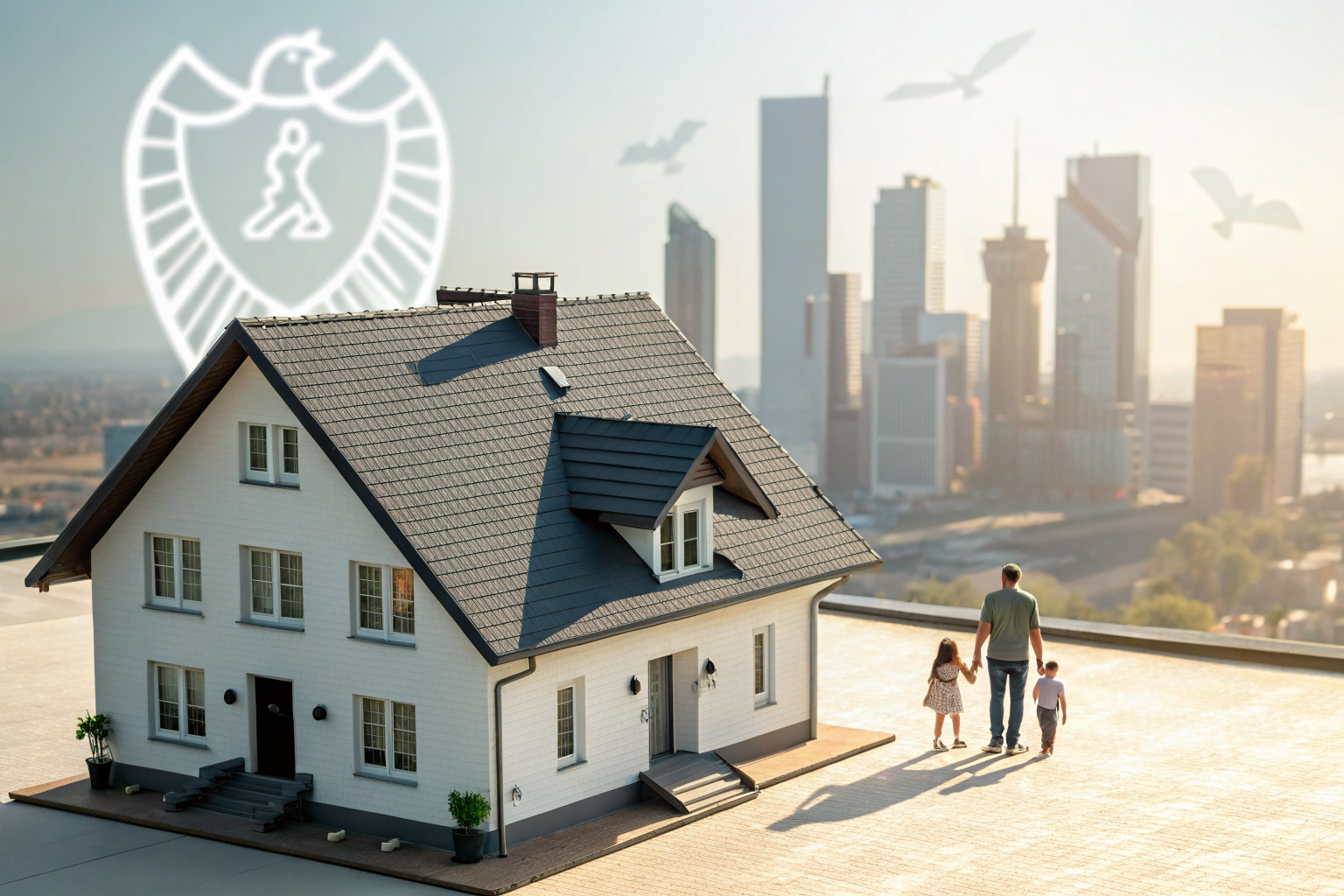 House with shadow and shield, highlighting debt liability and life insurance.