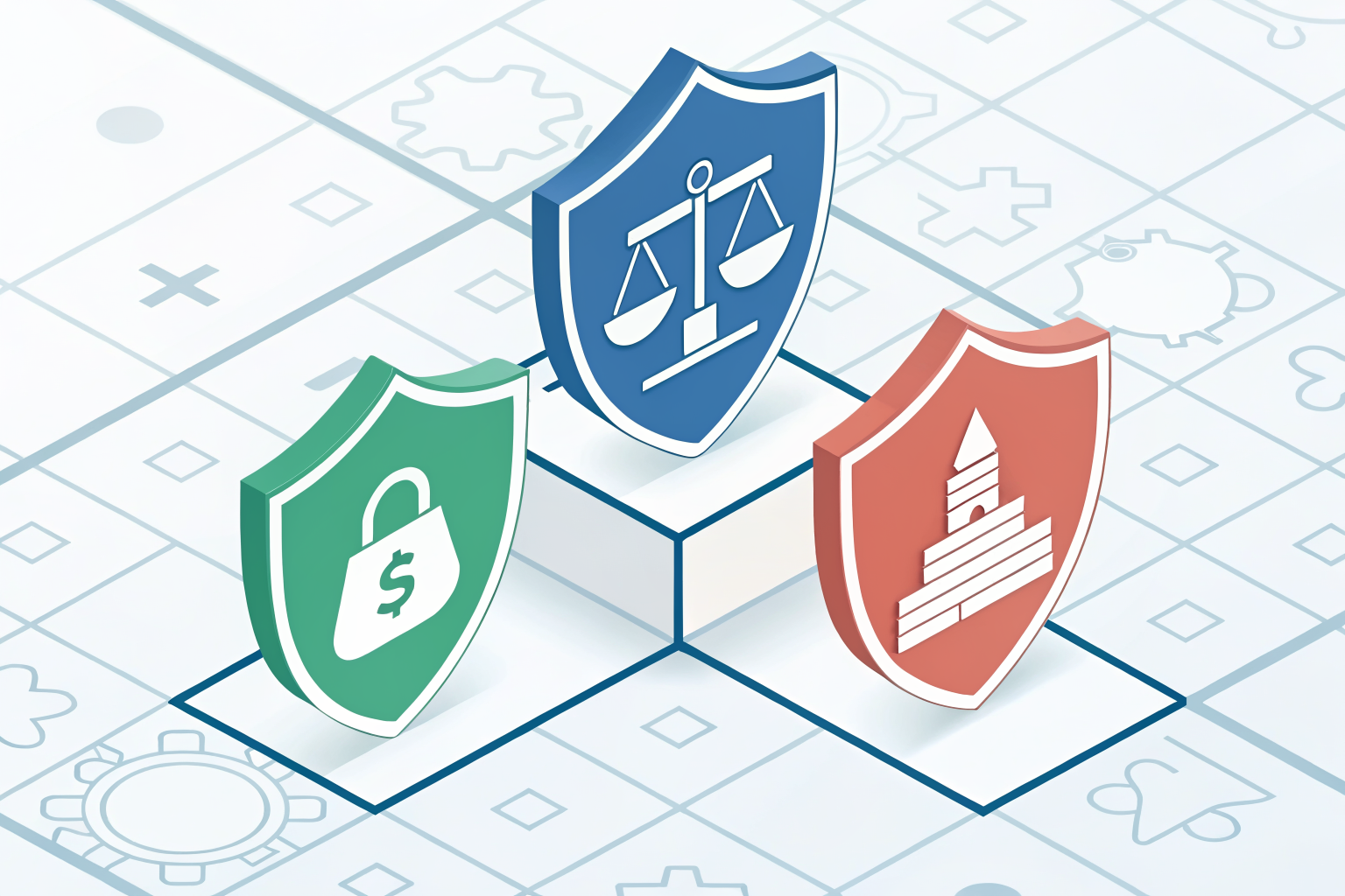 Layered financial shields showing insurance coverage caps and crash scenarios.