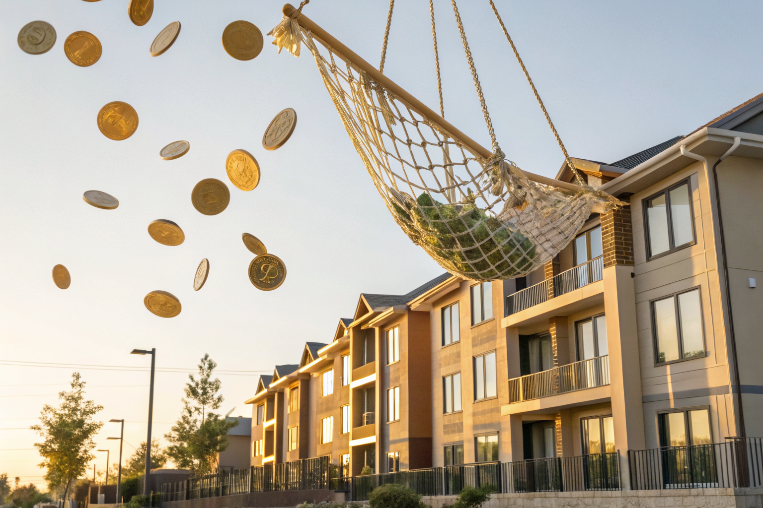 Illustration of a safety net catching falling assessment bills beneath Phoenix condos.
