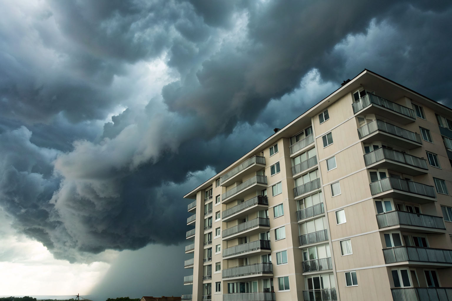 Storm clouds over a condo with an assessment letter, depicting unanticipated costs.