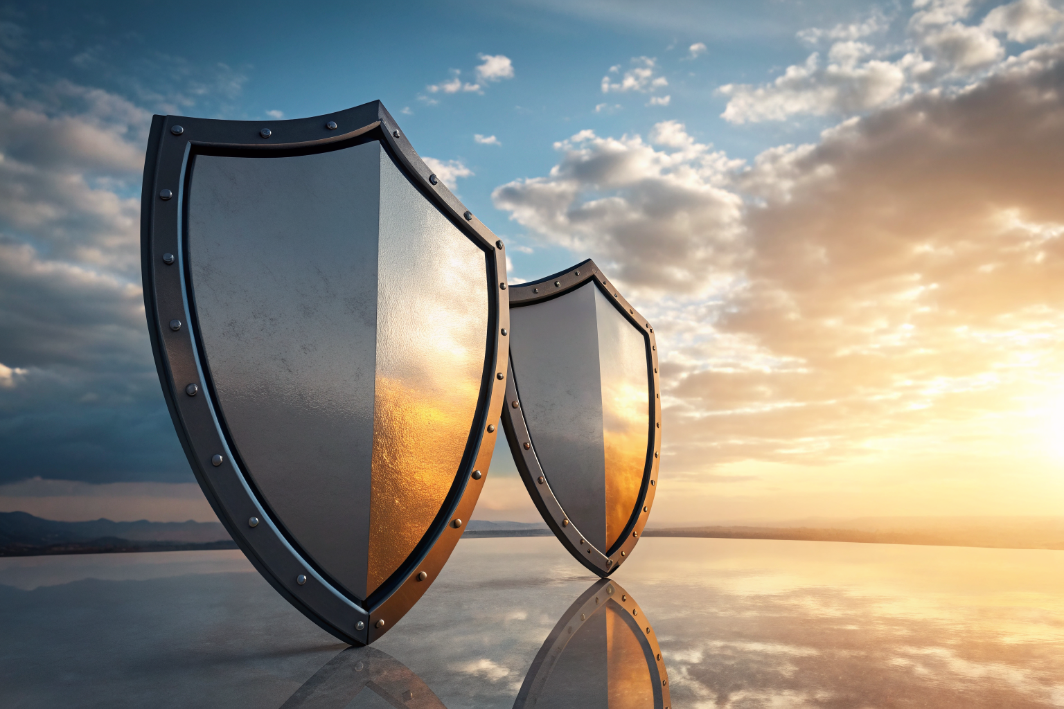 Illustration of mirrored insurance shields reflecting symmetric protection principles.