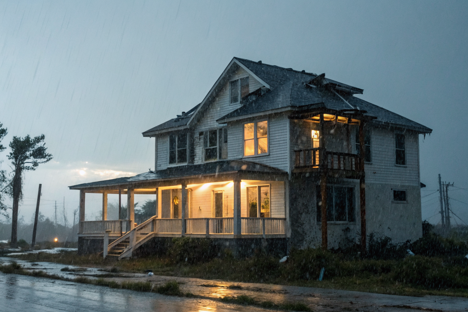 Illustration of storm-damaged house within an illusion of safety, showing unmet deductible expectations.