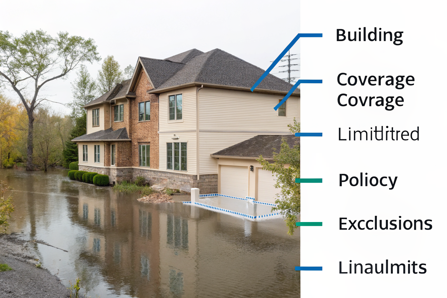 Illustration of NFIP policy coverage limits and exclusions with detailed annotations.