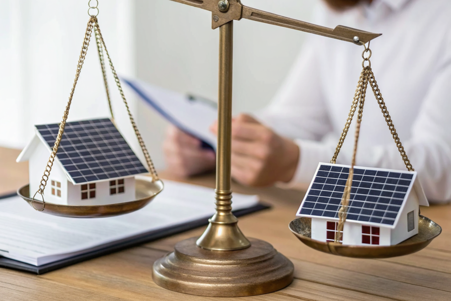 Illustration of scale balancing leased vs. owned solar panels, highlighting insurance obligation differences.