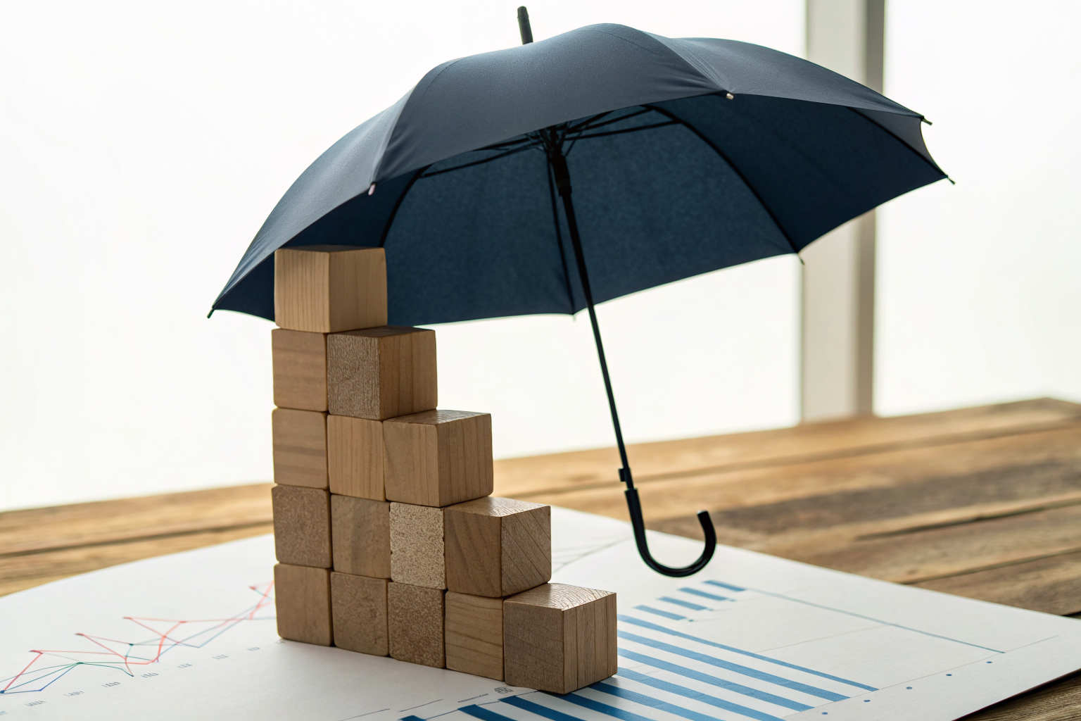 Stacked building blocks reaching an umbrella, symbolizing policy stack and coverage.