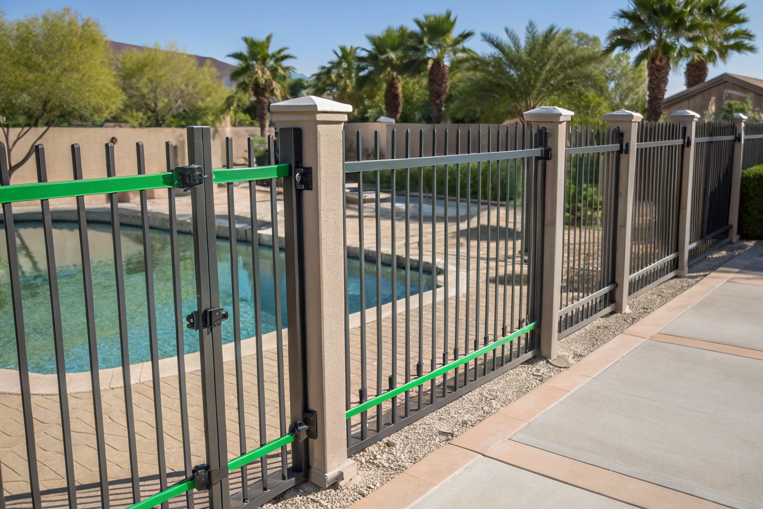 Layered illustration of Arizona pool fence requirements focusing on height, gaps, and gate hardware.