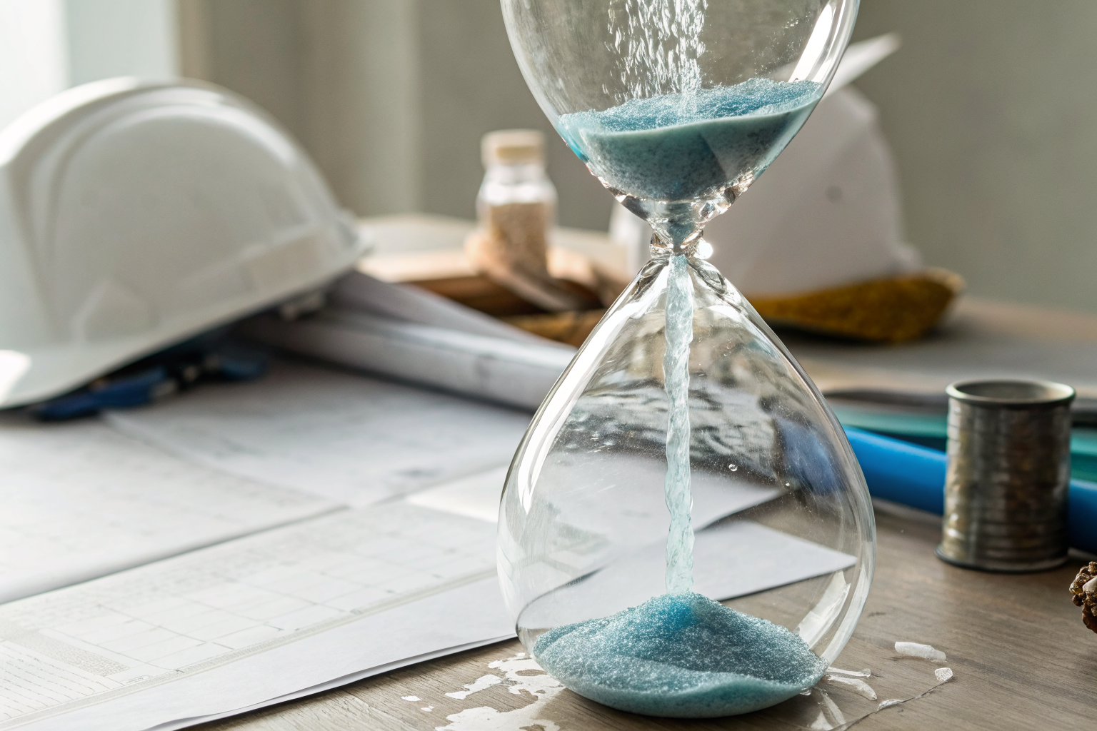 Hourglass with water and documents inside, symbolizing urgency in proving sudden water loss.