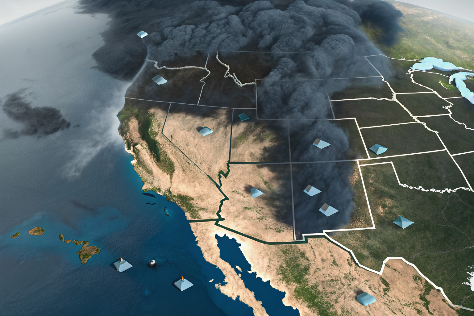 Isometric map with storm clouds over Arizona, representing global loss impact on local insurance rates.