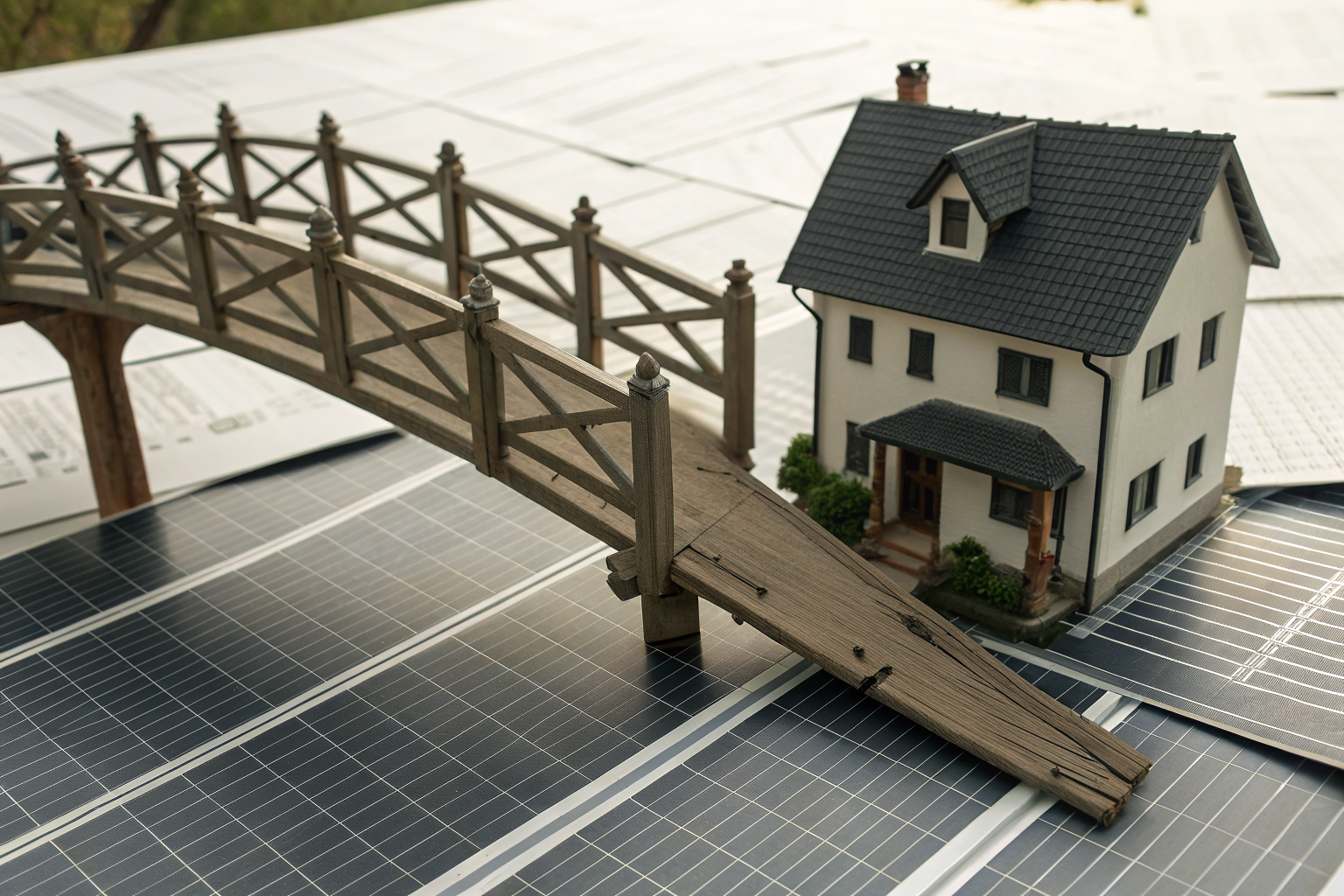 Metaphorical image of a bridge missing a plank with solar panels, representing dwelling limit coverage gap.