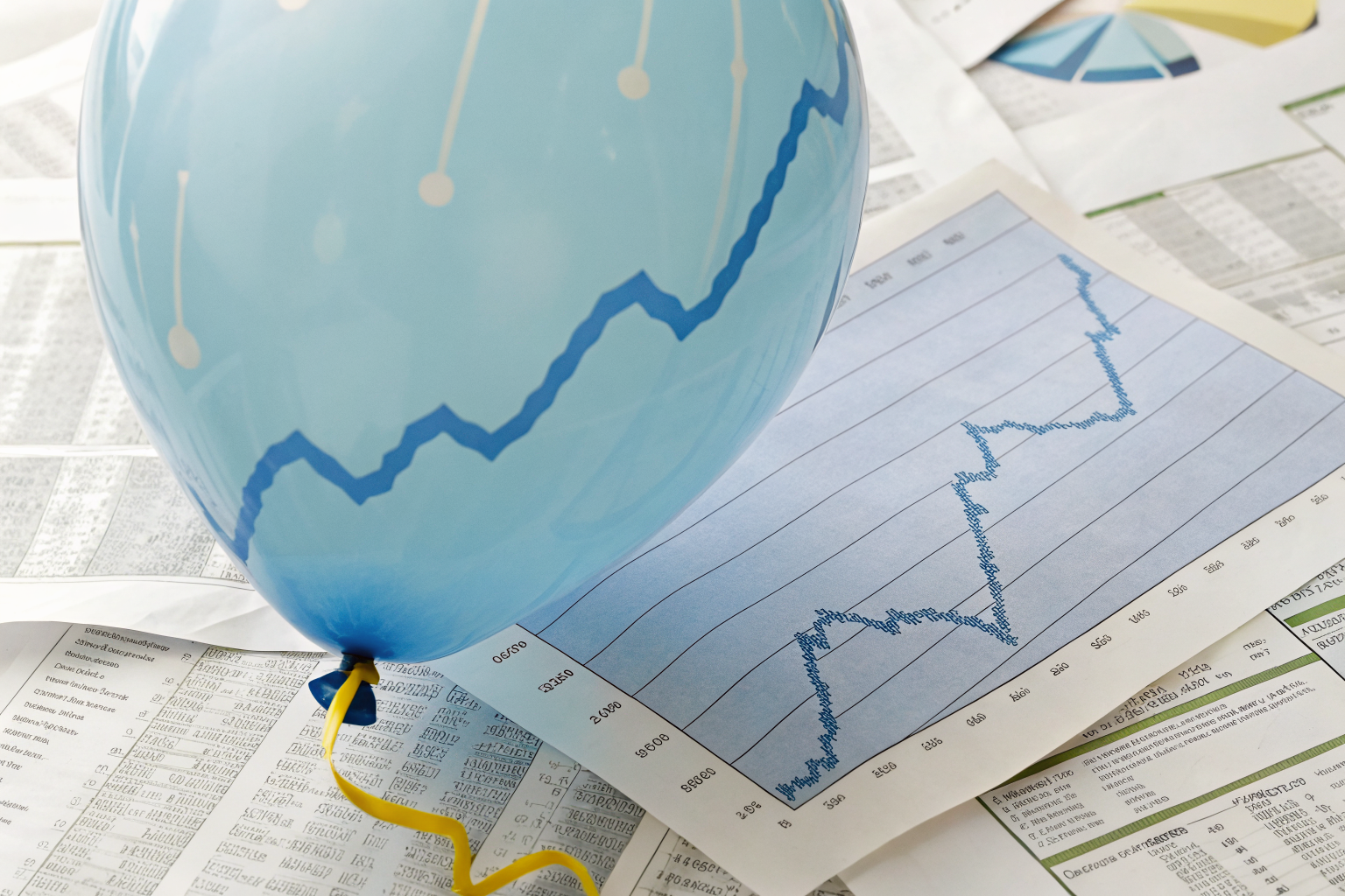 Balloon metaphor for rising insurance costs with documents and indices.