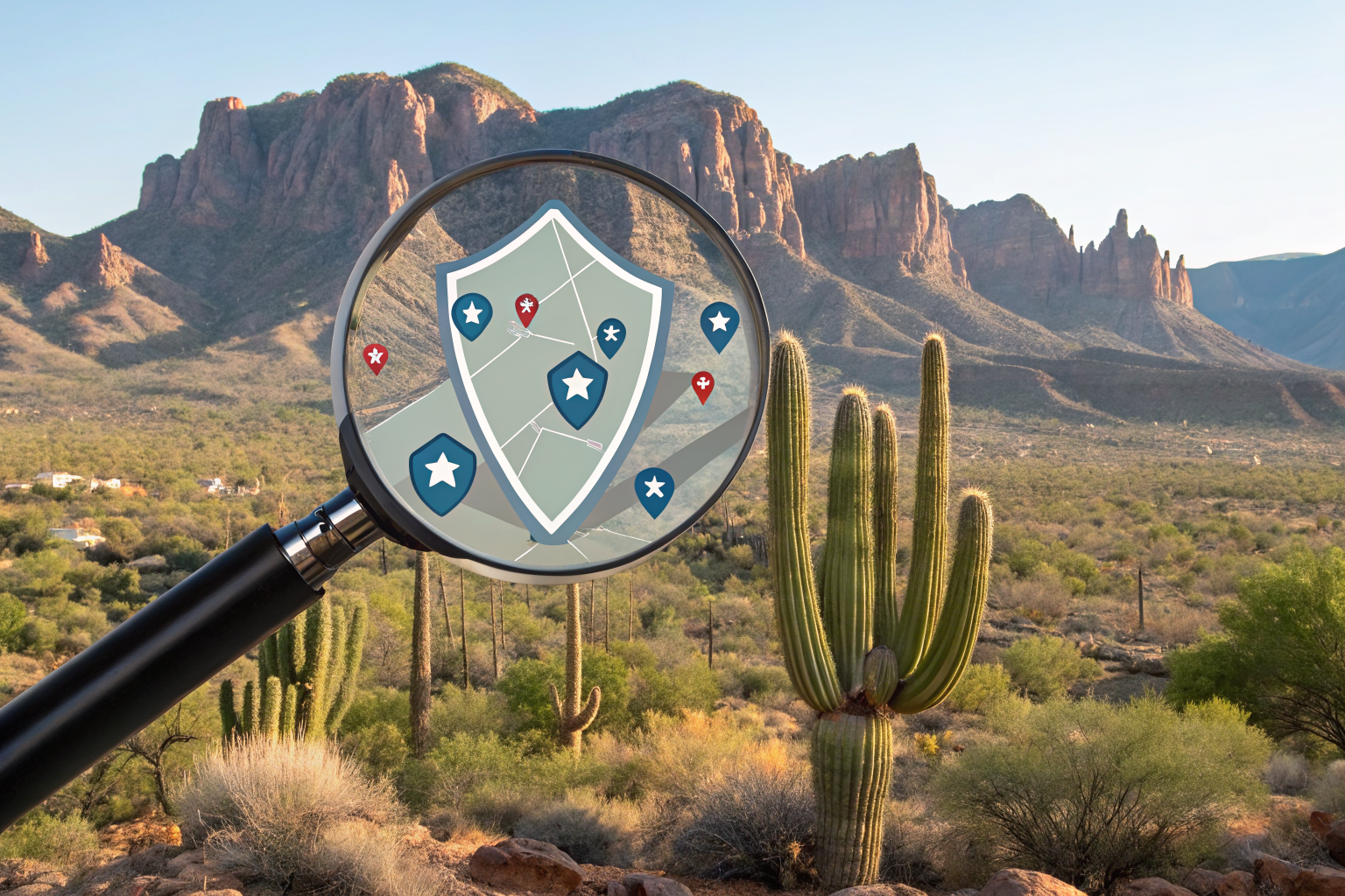 Shield with gaps hovering over Arizona, representing DP-3 policy exclusions for short-term rentals.