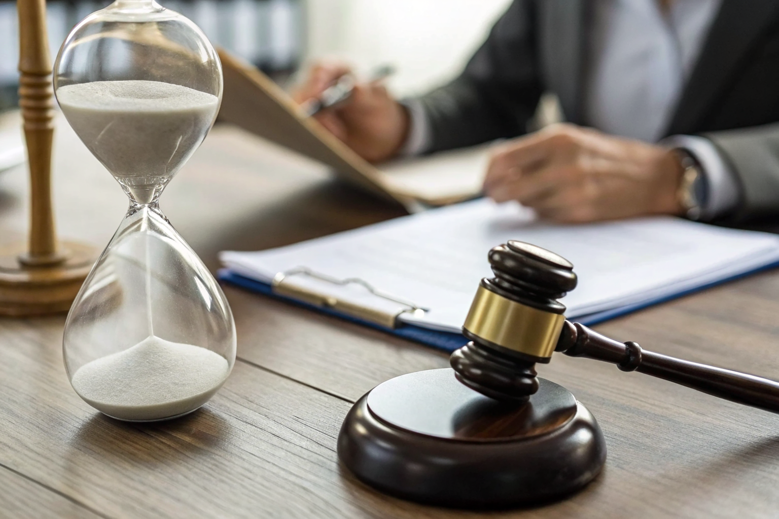 Hourglass with legal gavel and documents, representing statute of limitations for dog bite claims.