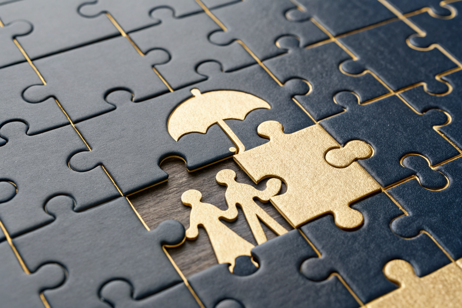 Puzzle pieces fitting into an insurance network symbolizing coverage customization.