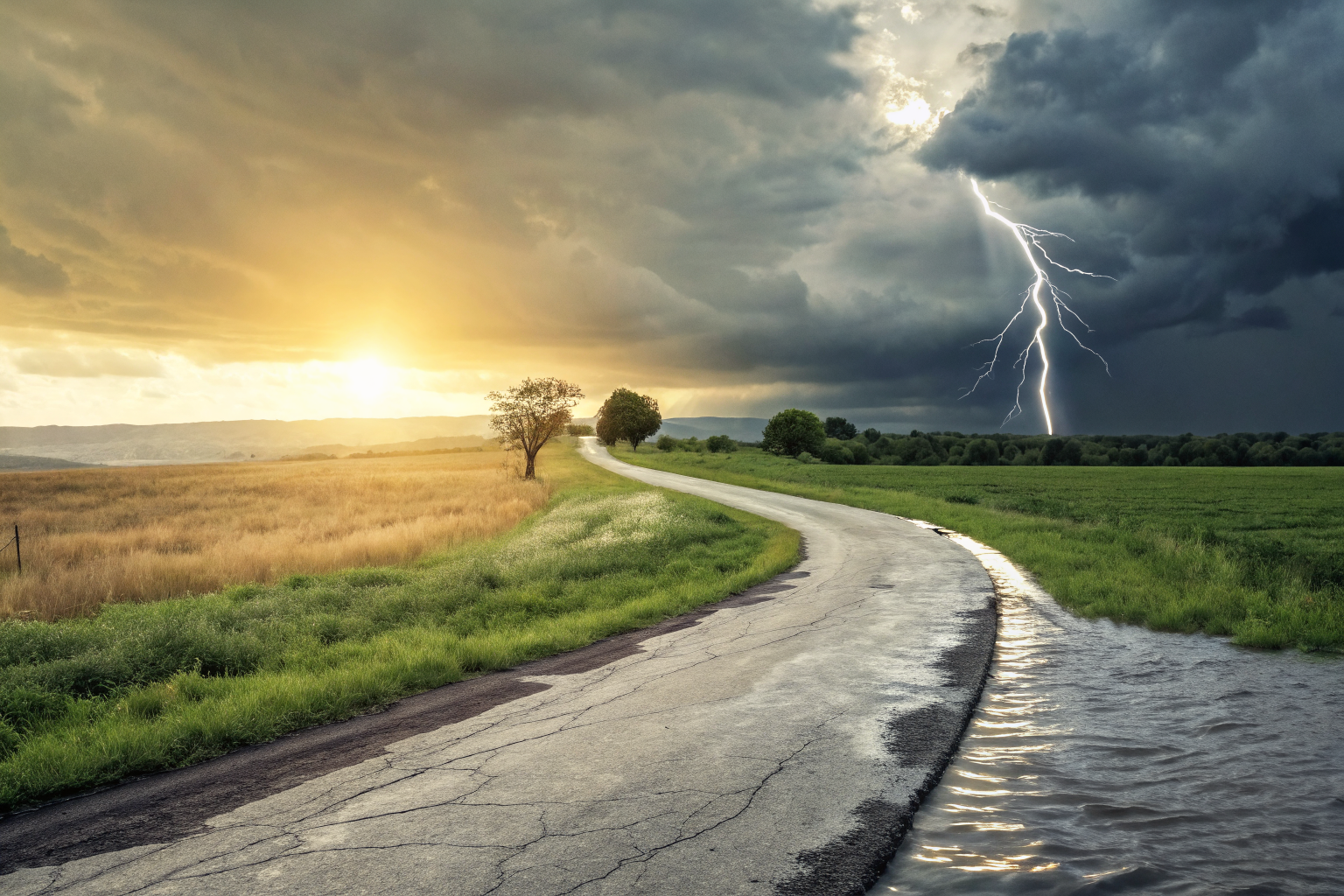 Split-screen illustration of a fork in the road for water damage claims, showing paid vs denied outcomes.
