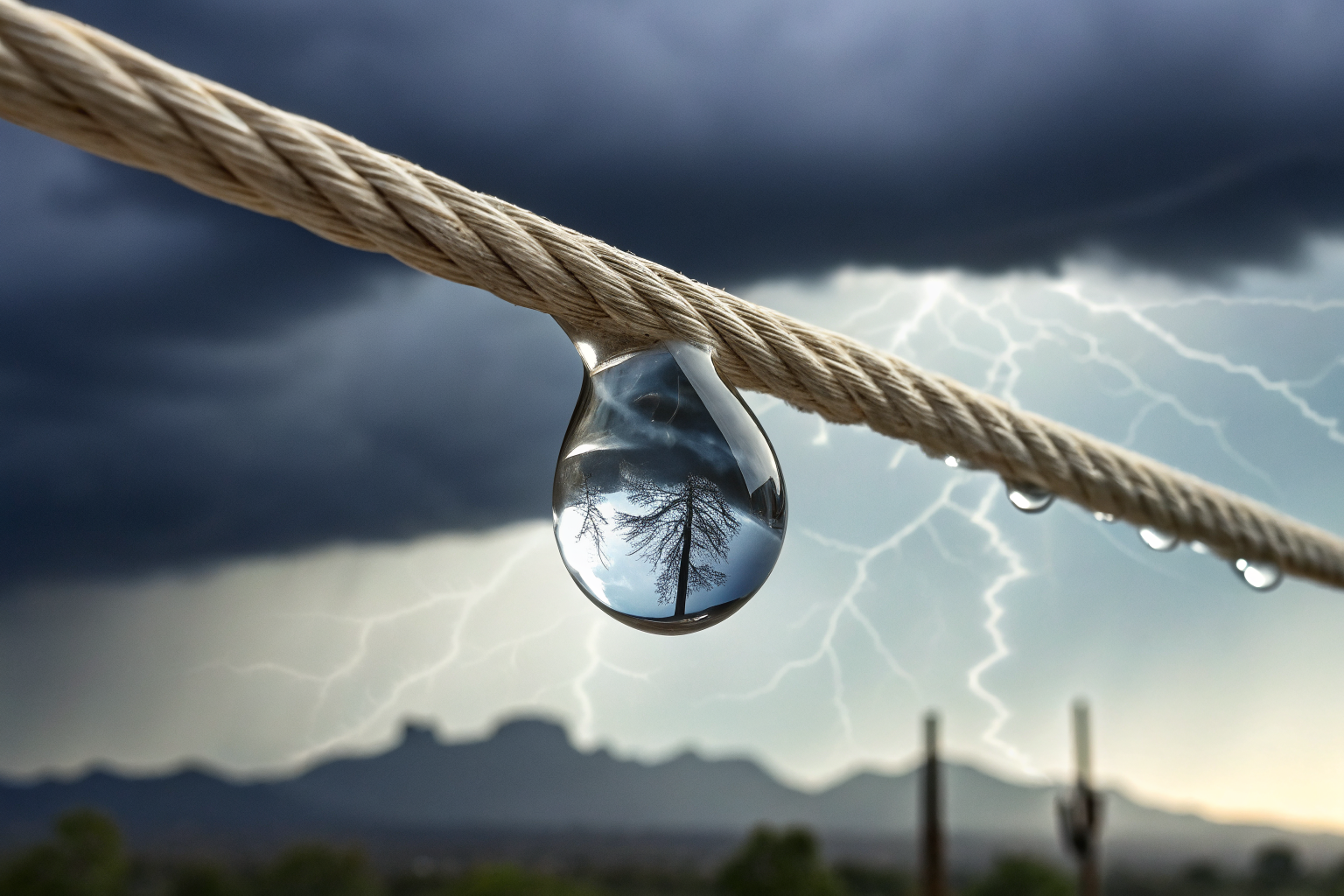 Water droplet on tightrope with CLUE report reflection, symbolizing insurance risk.