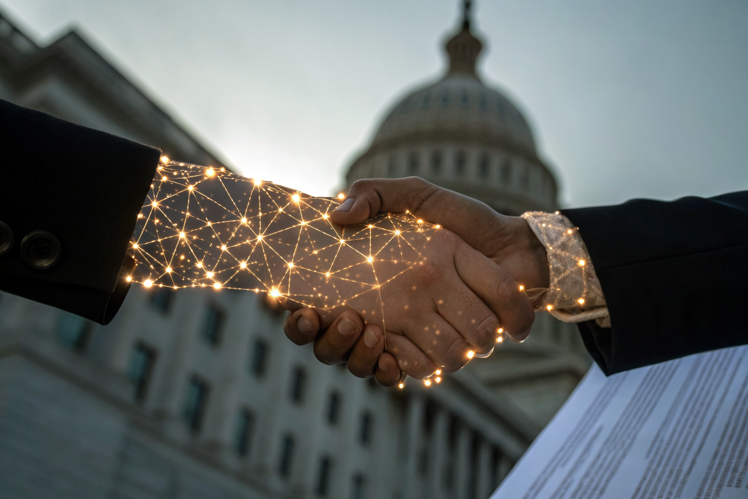 Contractual handshake with policy terms, symbolizing insurance agreements.