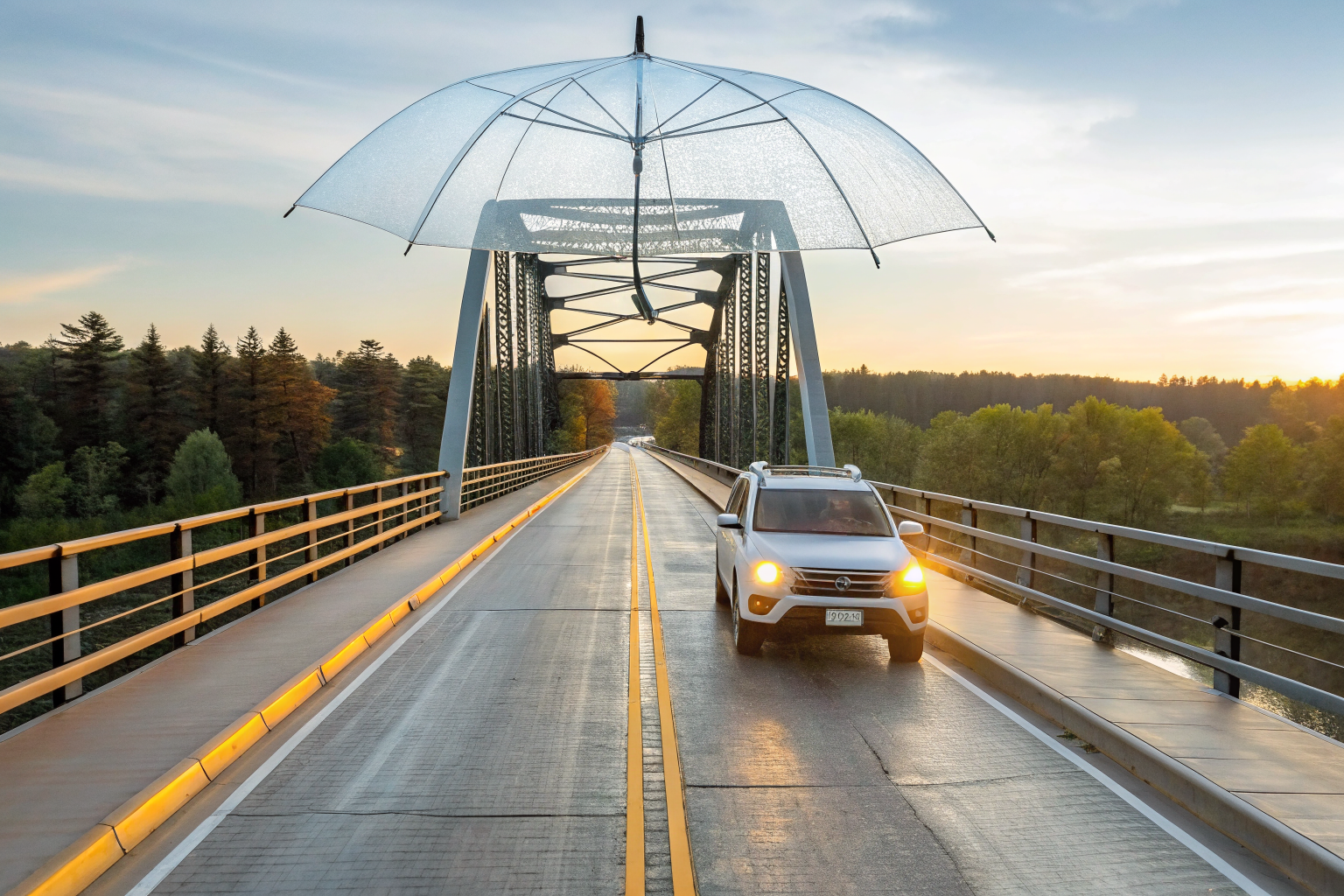 Bridge with vehicle crossing, symbolizing umbrella policy over auto coverage gaps.