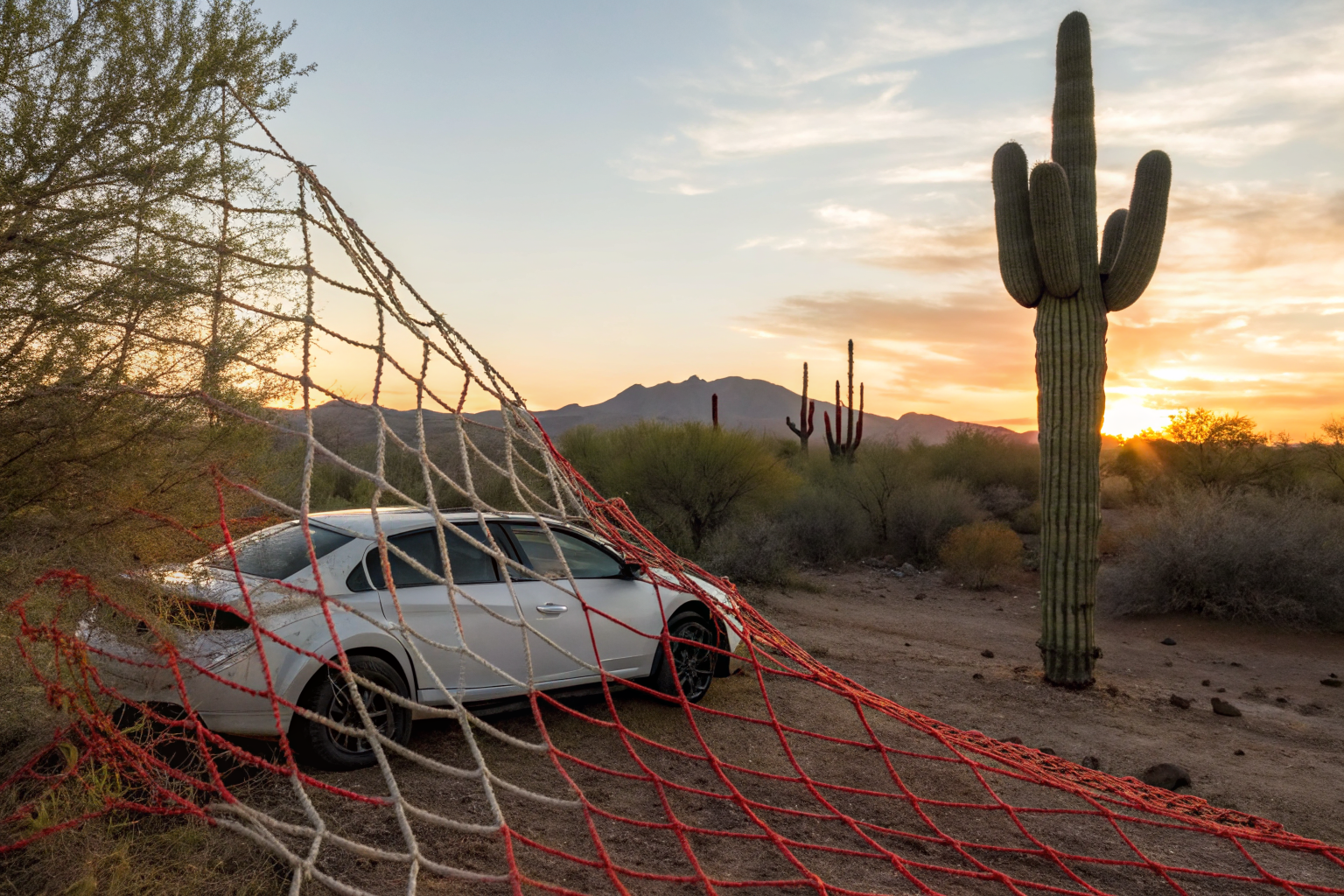 Isometric view of a car in a safety net with gaps, representing uninsured motorist coverage.