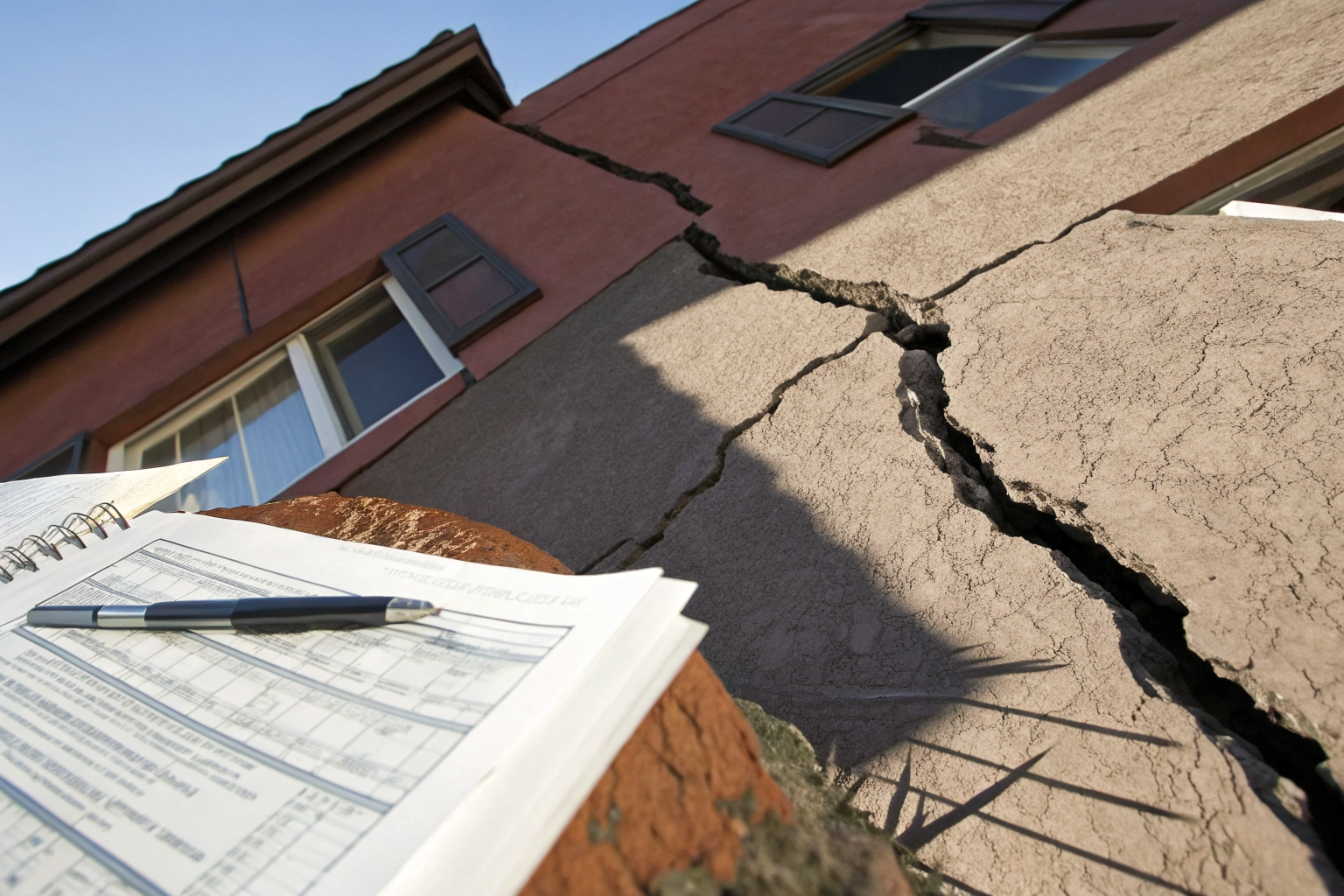 Building with a cracked foundation and shadow gap illustrating underinsured association risk.