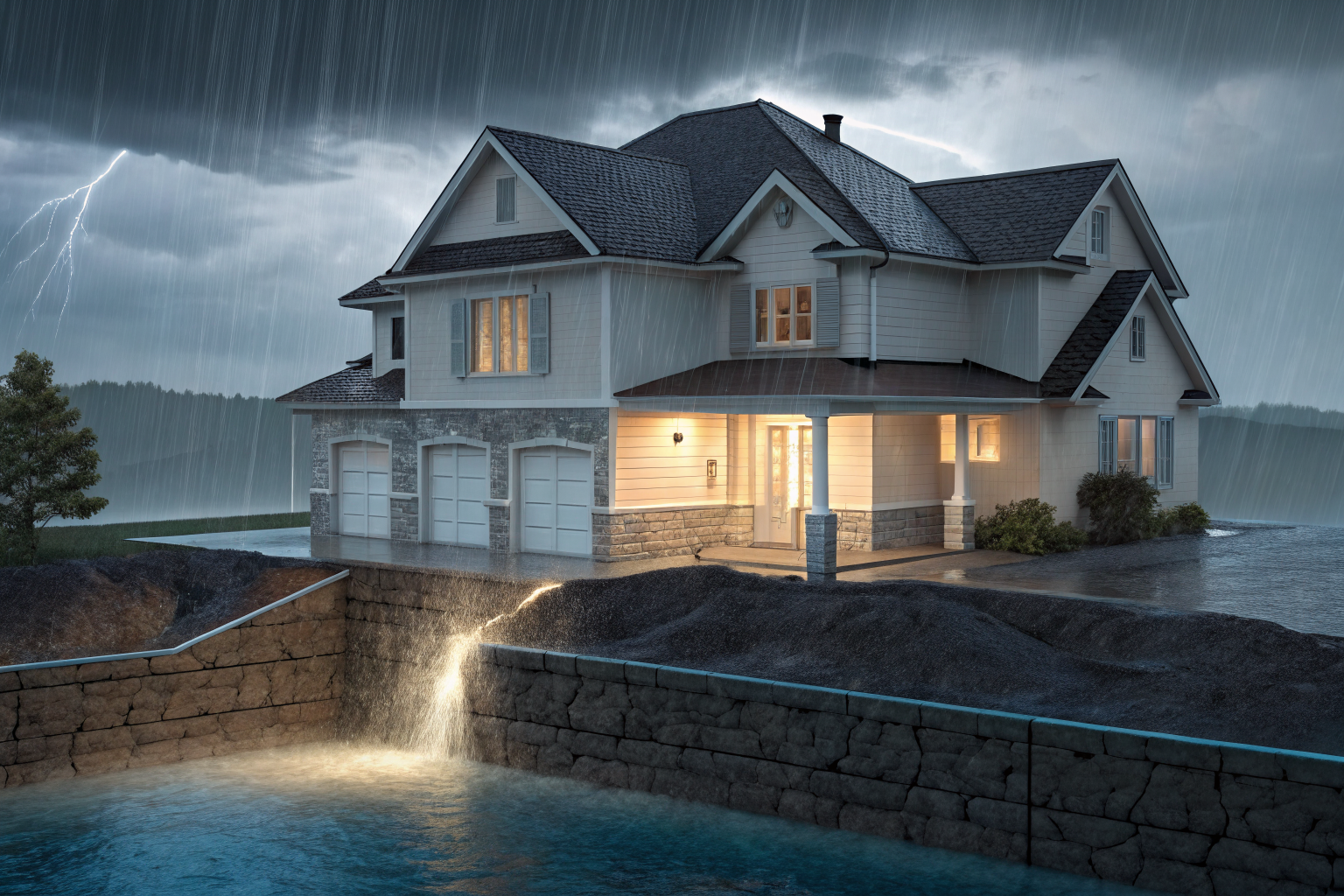 Cross-section of home showing water intrusion pathways during a monsoon storm.