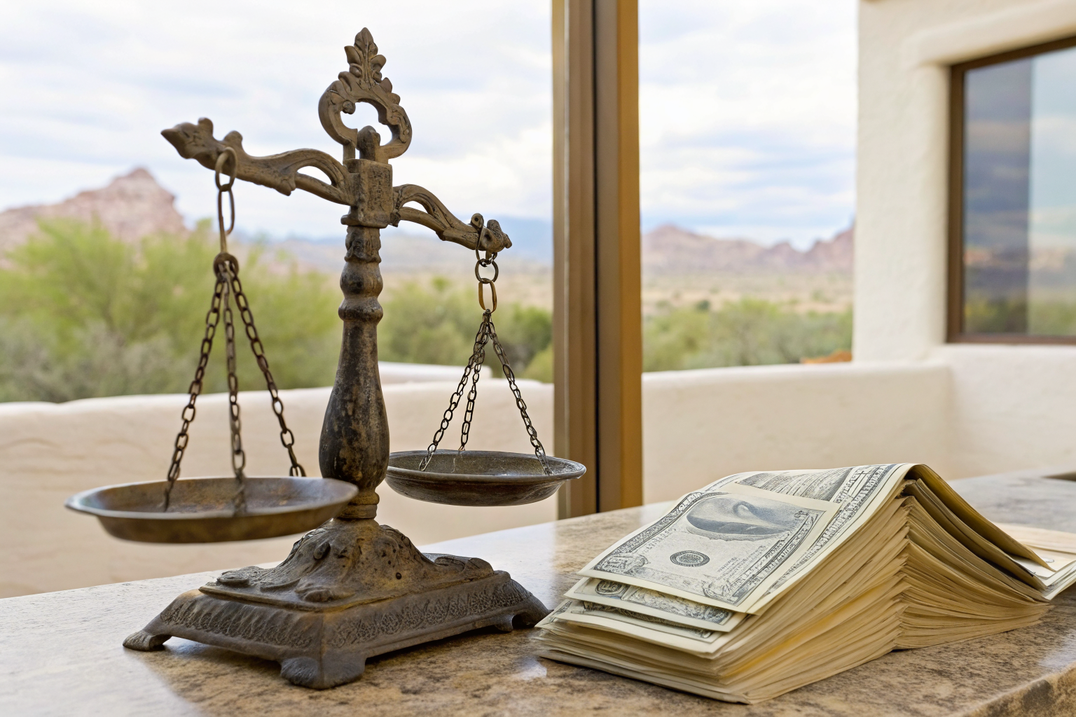 Scales with money and repair bills, set against an Arizona-themed backdrop with HOA and insurance elements.