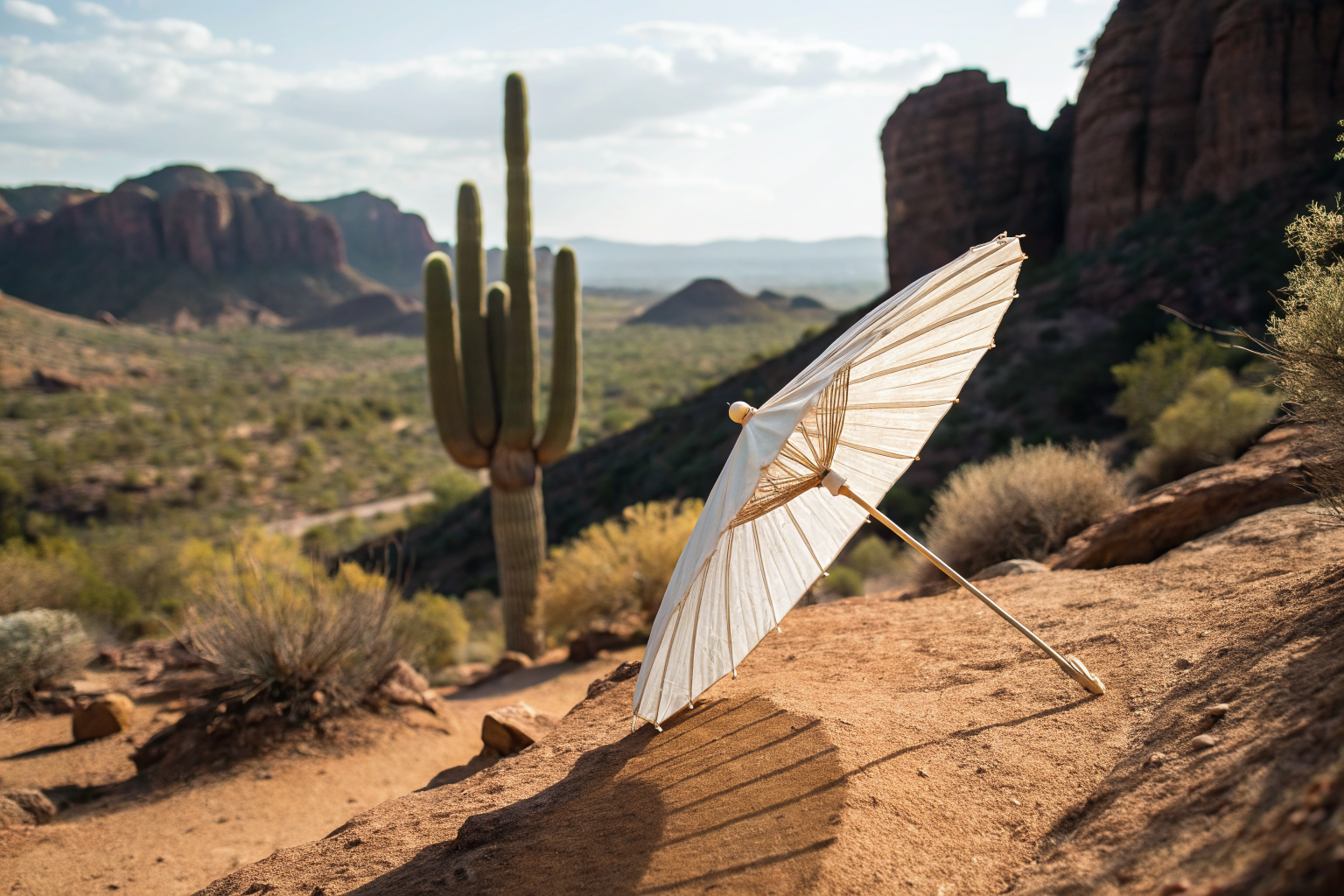 Paper umbrella over Arizona with HO-3 policy, symbolizing fragile insurance.