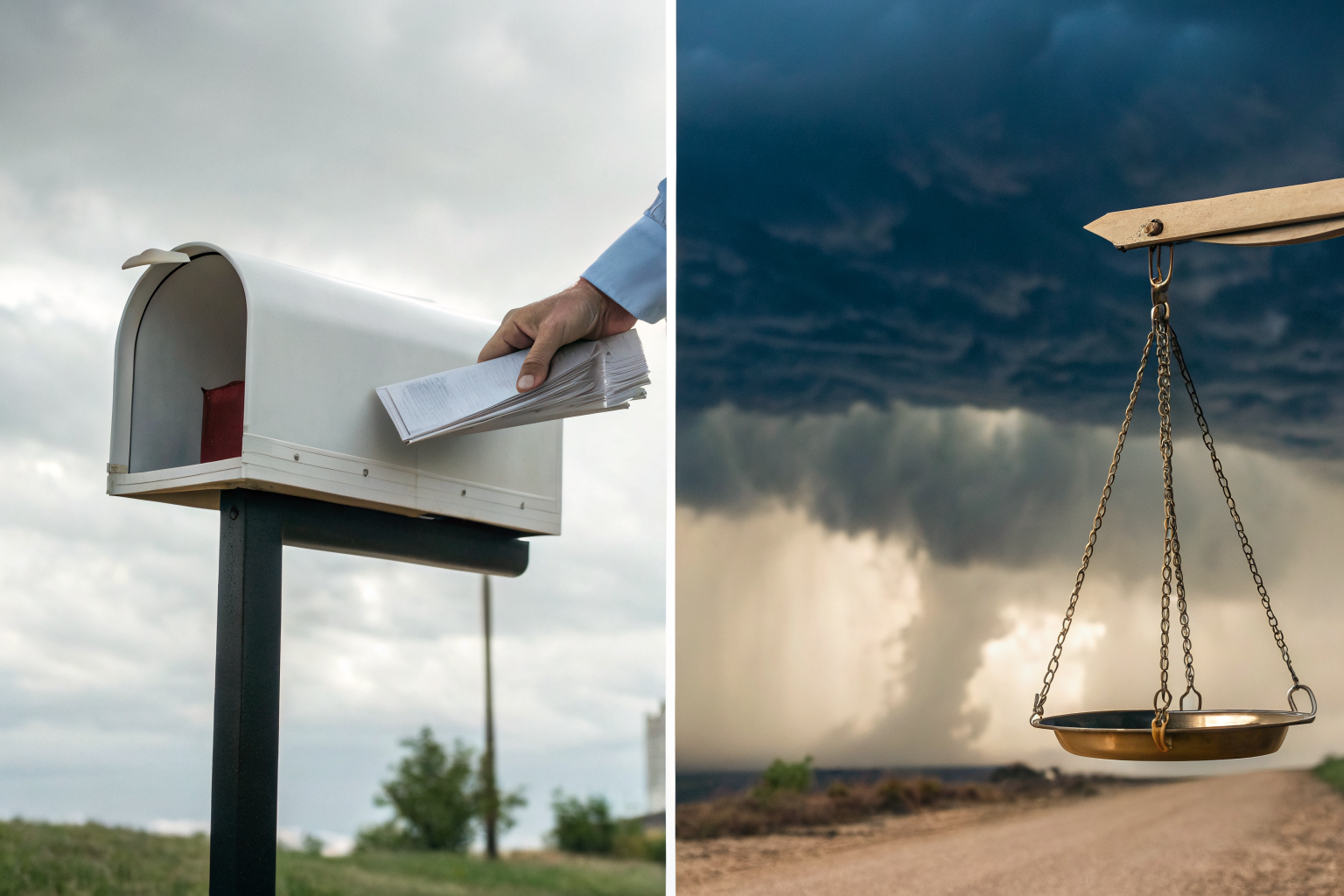 Mailbox with renewal notice and scales with aggregate data, showing financial tension.