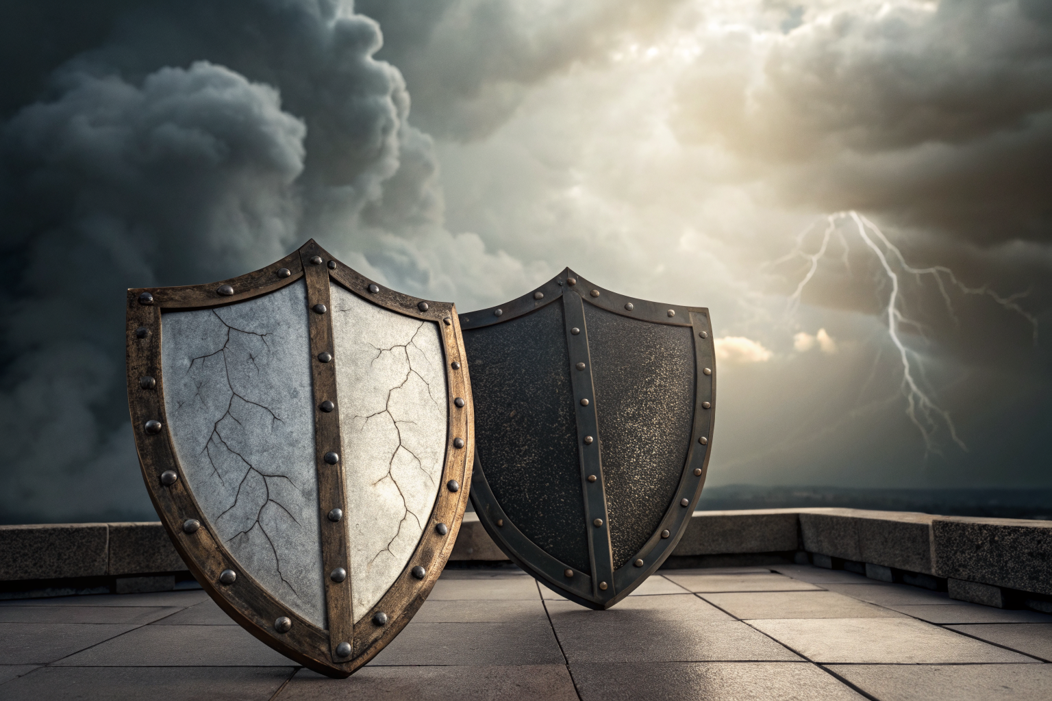Two shields side by side symbolizing wind/hail and flat deductibles.